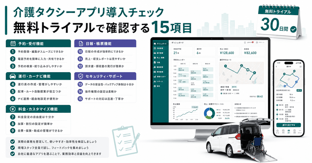 介護タクシーアプリ導入チェックリスト｜無料トライアルで確認する15項目